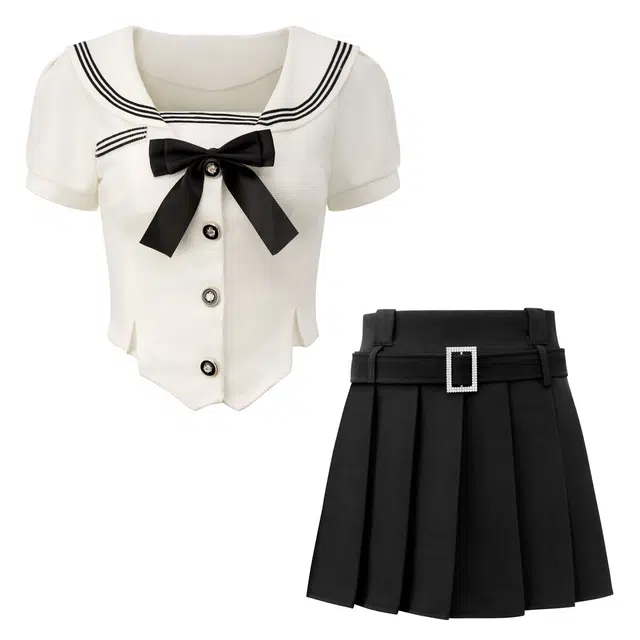 花山家的猫 美式学院风水手服海军领短袖上衣高腰百褶半身裙制服 女款
