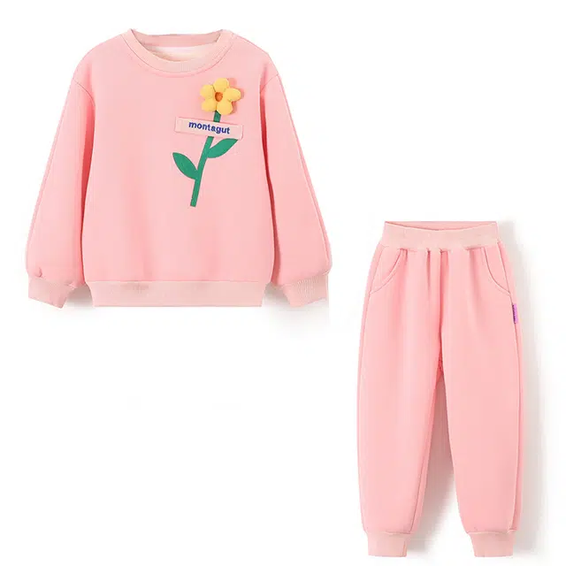 梦特娇 童装 圆领卡通印花长袖松紧腰休闲运动套装 女童