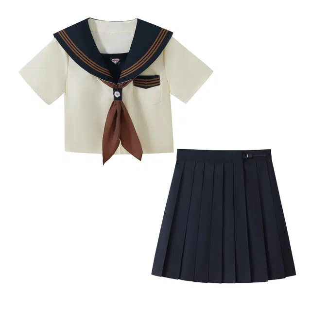 花山家的猫 海军领短袖衬衫水手服舒适简约高腰百褶裙制服 女款