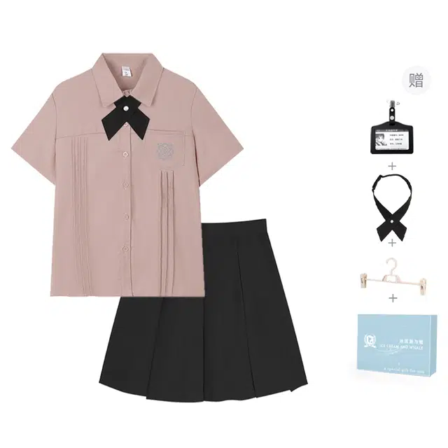 冰淇淋与鲸 夏季 学院风穿搭搭配一整套甜美毕业季樱花短袖衬衫经典纯色百褶裙伯克利半身裙制服 女款 礼盒装