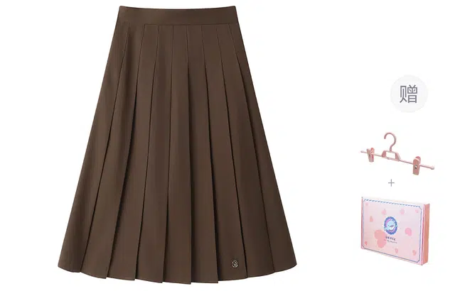 东鲸岁时记 韩系穿搭学院风格雷系纯色中长款伯克利百褶裙休闲长裙 女款 棕色裙