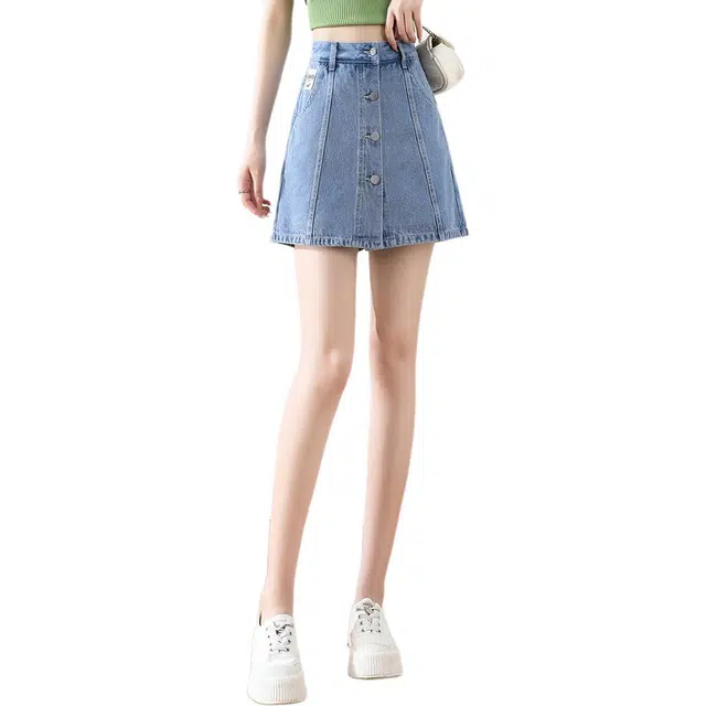 沫晗依美 直筒中腰单排扣牛仔短裤 女款 蓝色