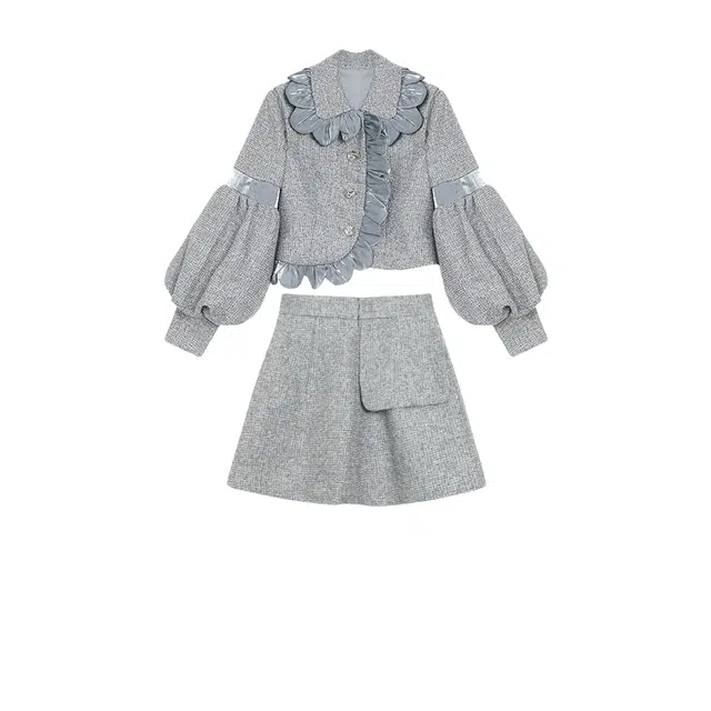 桴生 拼色翻领长袖上衣高腰合身短款裙子裙装套装 女款 灰色