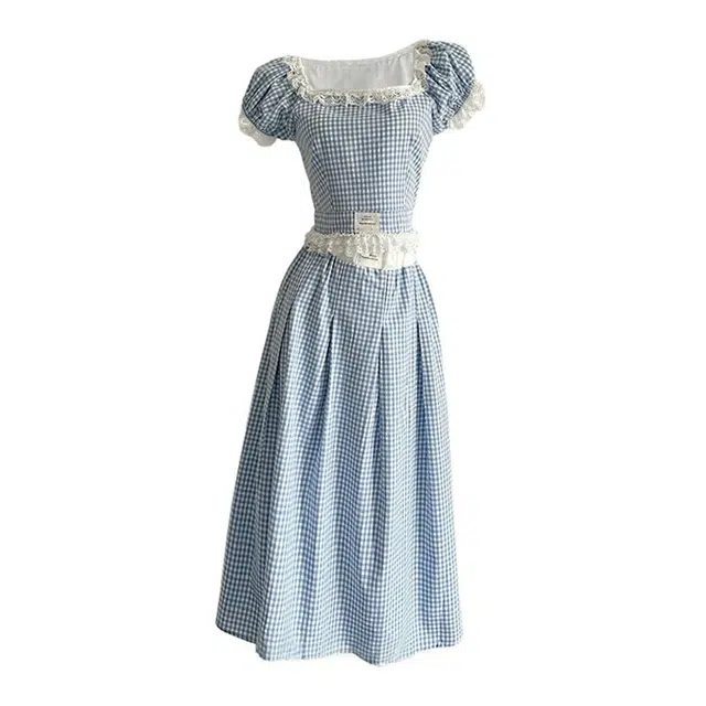 小菊川栗 韩系纯欲慵懒感显瘦织梦拼色格子短袖半裙法式裙装套装 女款 蓝色