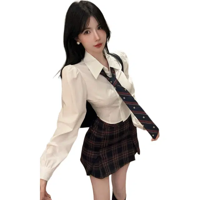 沐晓欣 纯欲慵懒高级感收腰白色衬衫女设计显瘦格子半身包臀裙裙装套装 女款