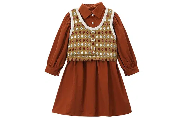 梦特娇 童装 马甲长袖连衣裙叠穿两件套裙装套装 女童