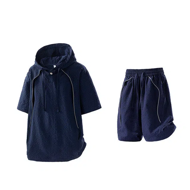 哲源 美式高街潮流放光条高级感设计拼接落肩连帽短袖上衣薄款舒适透气时尚慵懒五分裤休闲运动套装 男女同款