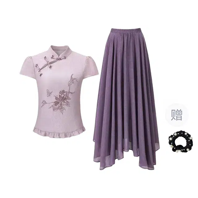 雾闪闪 时尚舒适短袖上衣气质百搭裙子裙装套装 女款 浅紫色+深紫色