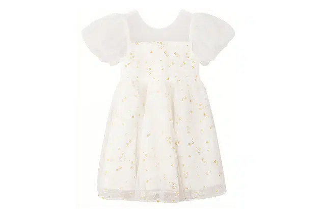 左西 童装 碎花网纱泡泡短袖儿童连衣裙 女童 白色