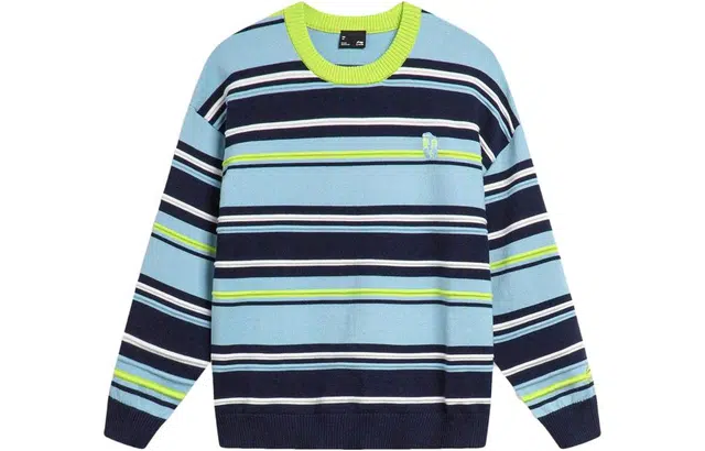 李宁儿童 中国文化系列 山海环游 条纹圆领休闲长袖针织衫 儿童款 勿忘草蓝米白色