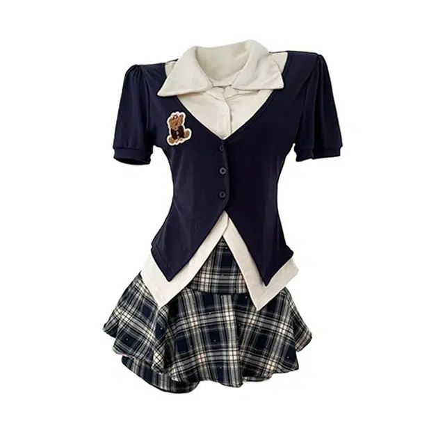 小菊川栗 美式复古学院风时尚显瘦薄荷漫波显瘦假两件上衣格纹短裙裙装套装 女款 藏蓝色