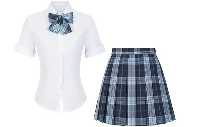 九条喵 收腰纯色短袖衬衫半身格裙百褶短裙制服 女款