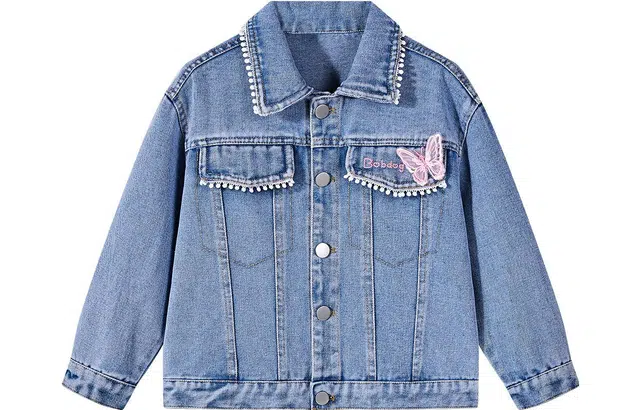 巴布豆 童装 蝴蝶结装饰单排扣翻领长袖牛仔外套 女童 牛仔蓝