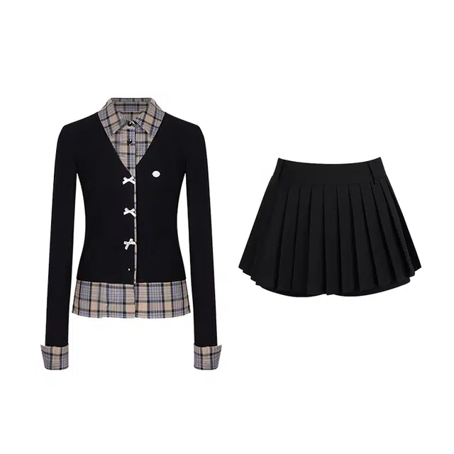 花铃太太 学院风休闲长袖针织衫纯色短裙裙装套装 女款