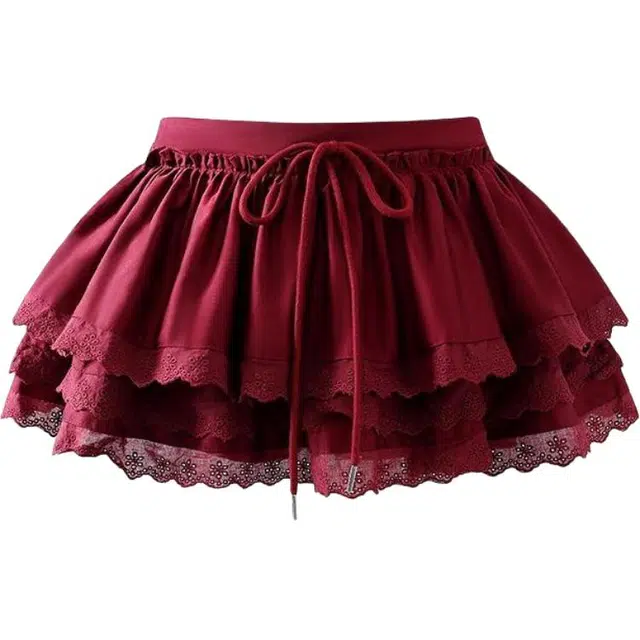 哒头下雨不愁 甜辣蛋糕裙女春季芭蕾风蓬蓬裙设计感蕾丝花苞休闲短裙 女款 酒红色