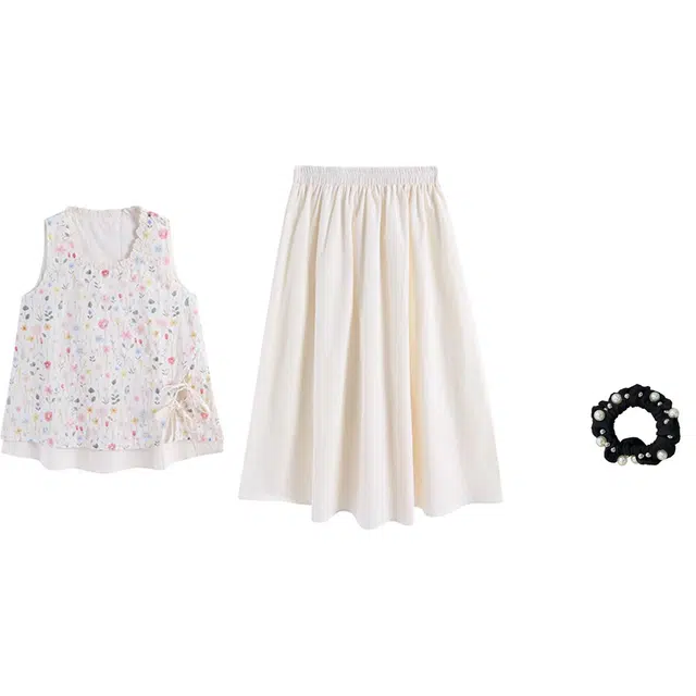 雾闪闪 温柔风甜美花朵印花无袖上衣高腰百搭半身裙裙装套装 女款