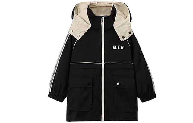 梦特娇 童装 中长款字母印花宽松可脱卸帽拉链宽松风衣 男童