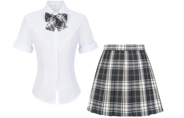 九条喵 学院风简约尖领上衣格纹百褶短裙制服 女款 白色+黑色
