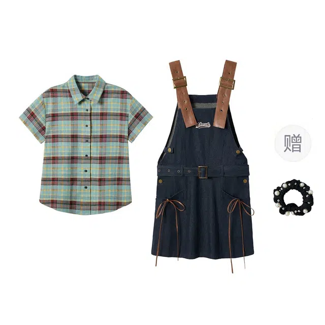 雾闪闪 复古美式学院风两件套宽松格子衬衫收腰背带连衣裙裙装套装 女款