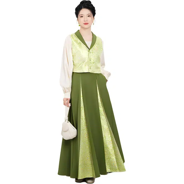 织造司 [翠茵]原创仿宋锦宝相花纹翻领马甲上衣松紧腰改良三裥长裙汉服 女款