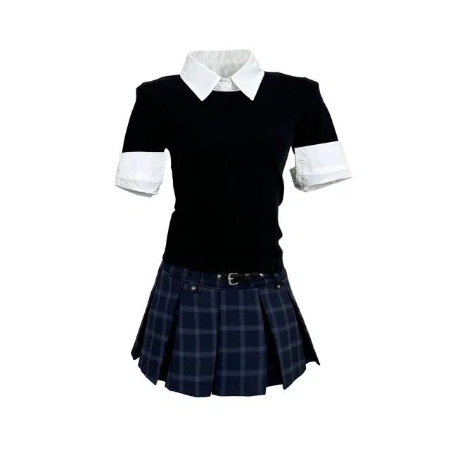 敲模女孩 学院风复古假两件短款针织短袖上衣高腰设计感百褶短裙裙装套装 女款