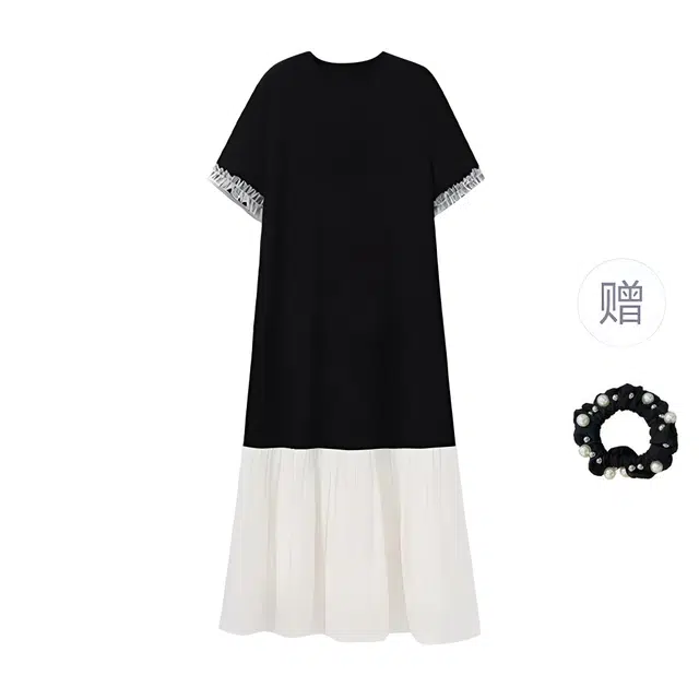 雾闪闪 小个子赫本凤云纱拼接显瘦遮肉中长款大码花边短袖连衣裙 女款