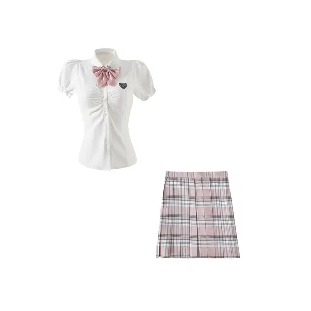 花山家的猫 学院风尖领短袖衬衫高腰百褶半身裙制服 女款 白色