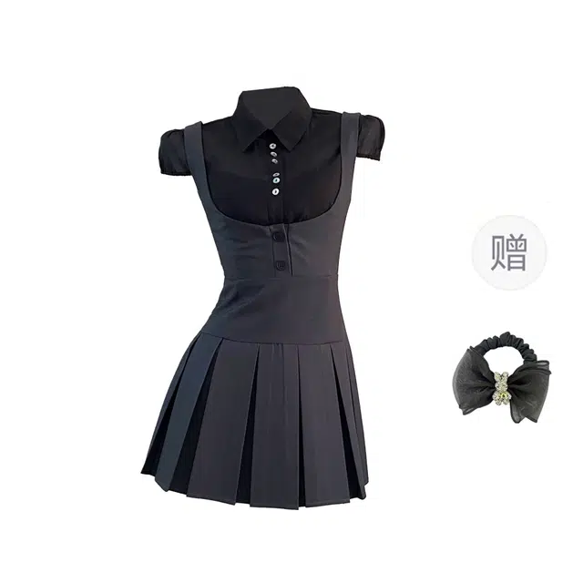 雾闪闪 韩系学院风甜酷短袖衬衫收腰百褶半身裙裙装套装 女款 黑灰