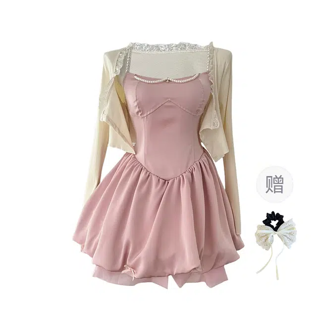 涂诗菲 法式甜美名媛风蝴蝶结珍珠吊带连衣裙配长袖开衫设计感收腰显瘦修身裙装套装 女款