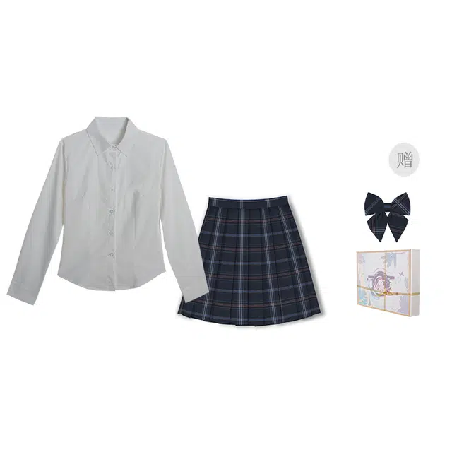 兔半眠 纯色翻领长袖衬衫百褶短裙制服 女款