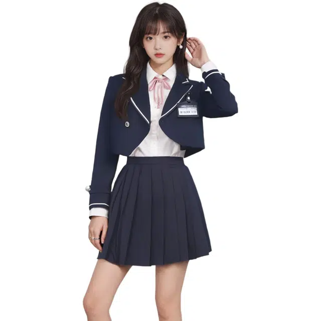 御茶家 短款翻领纽扣西装外套纯色百褶半身短裙制服 女款