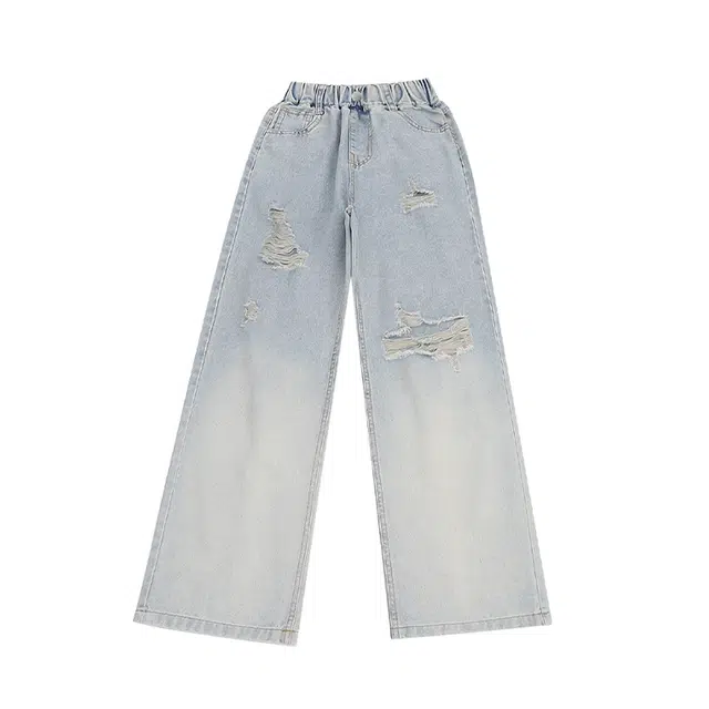 浪莎 破洞宽松薄款牛仔裤 大童 蓝色