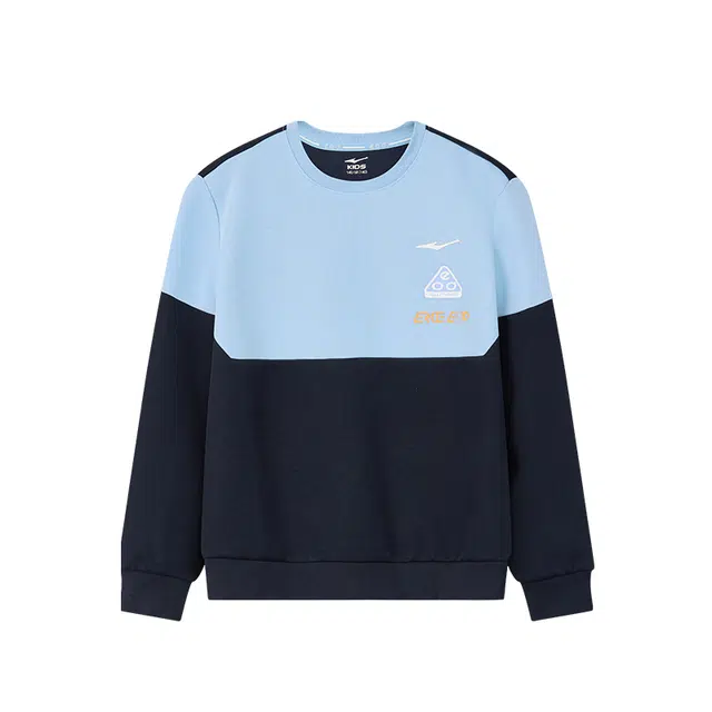 鸿星尔克儿童 户外系列 简约拼色字母圆领套头舒适休闲长袖卫衣 黑曜蓝青少年