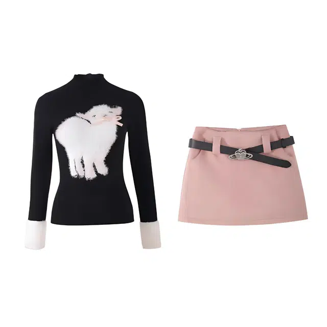 敲模女孩 纯欲风可爱毛绒小羊慵懒长袖针织衫高腰毛呢短裙裙装套装 女款