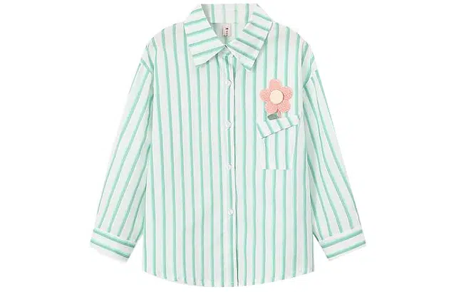 梦特娇 童装 条纹尖领休闲长袖衬衫 女童 绿色