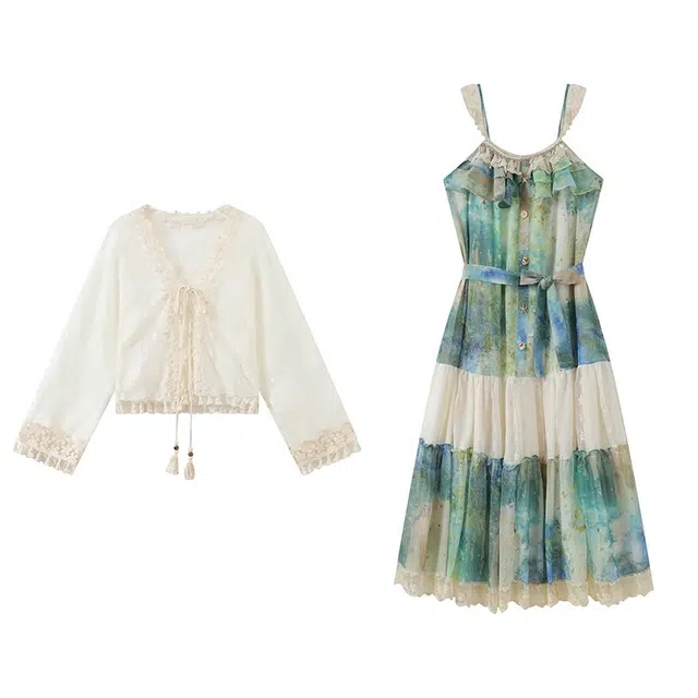 古莲菲 海边度假风女神范油画人生裙系带蝴蝶结贝壳设计感吊带长裙外搭两件套裙装套装 女款