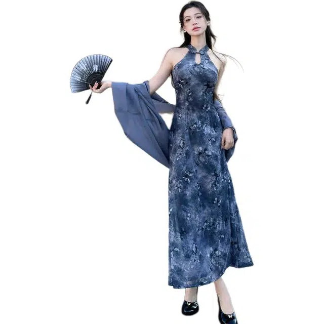 敲模女孩 新中式改良国风无袖旗袍镂空设计感纯欲收腰修身连衣裙搭防晒雪纺开衫外套裙装套装 女款