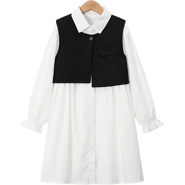 梦特娇 女童装 马甲背心纯色长袖连衣裙裙装套装 儿童款 白色