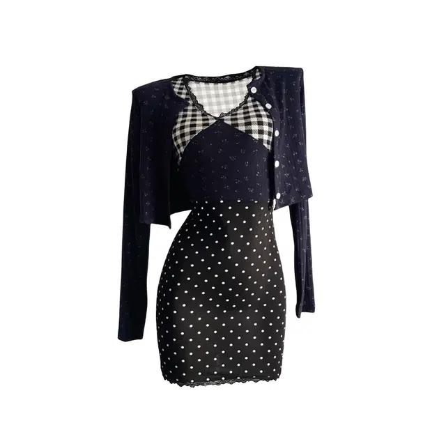 涂诗菲 时尚休闲百搭长袖上衣格子拼接波点通勤连衣裙裙装套装 女款