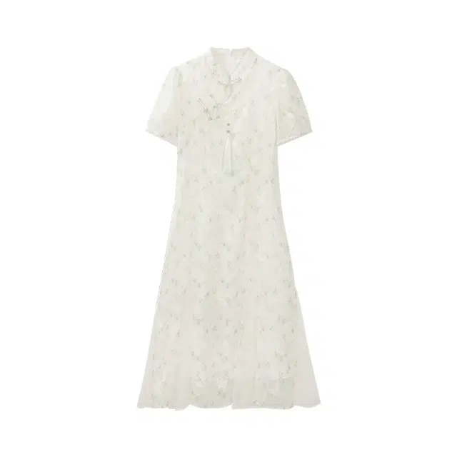 鹿向南 新中式气质夏季植物花卉常规旗袍领短袖连衣裙 女款