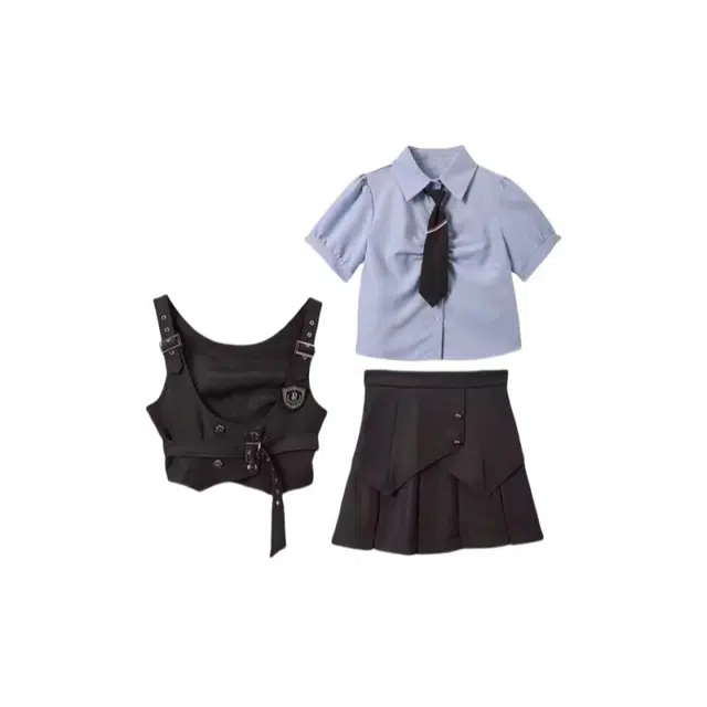 涂诗菲 学院风收腰马甲简约百搭设计感短袖衬衫小众高腰修身半身裙裙装套装 女款