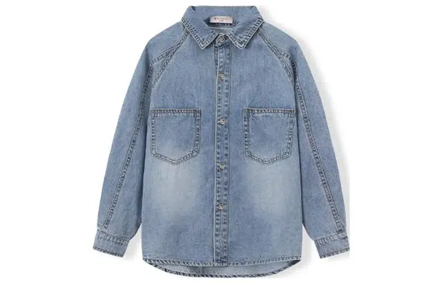 梦特娇 童装 纯色插肩单排扣尖领牛仔长袖衬衫 男童 牛仔蓝