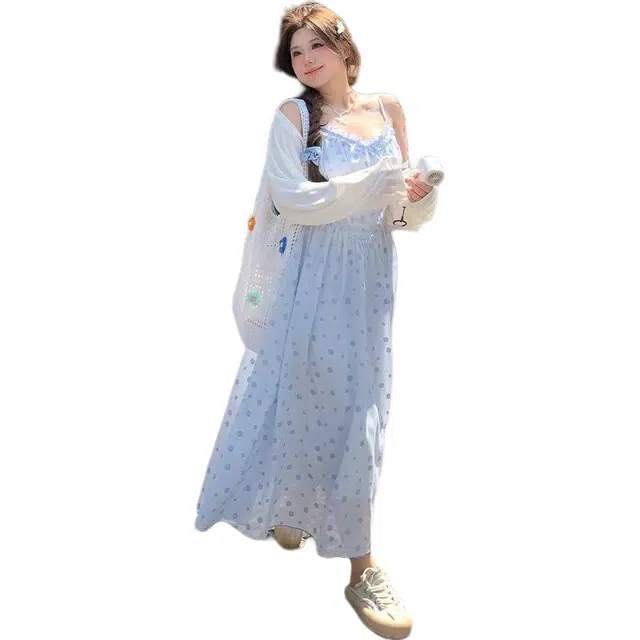 哒头下雨不愁 甜美长袖罩衫木耳边碎花长裙微胖大码温柔连衣裙裙装套装 女款