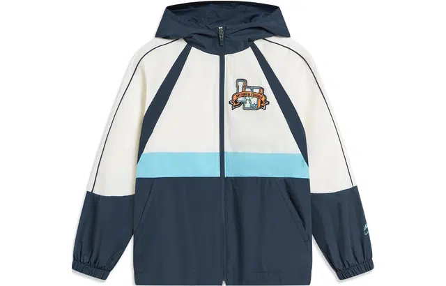 李宁儿童 童装 运动潮流系列 字母拼接拉链连帽长袖风衣 男童 深海军蓝