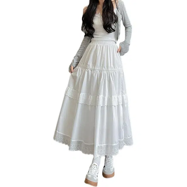 怪力萝莉 蕾丝蛋糕长款高腰小个子纯色舒适休闲长裙 女款 白色