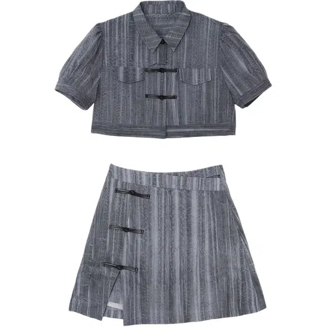 哒头下雨不愁 圆缺原创设计新中式镂空扎染时尚女短款衬衫半身裙两件套裙装套装 女款