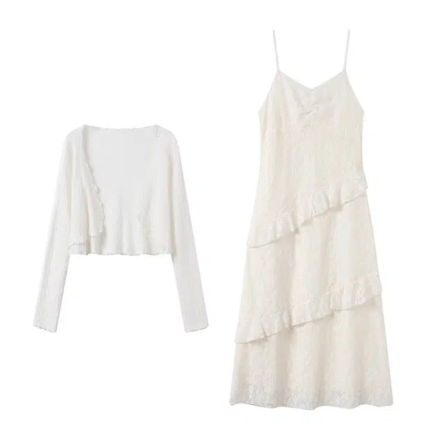 古莲菲 时尚舒适长袖上衣气质百搭裙子裙装套装 女款 白色+杏色