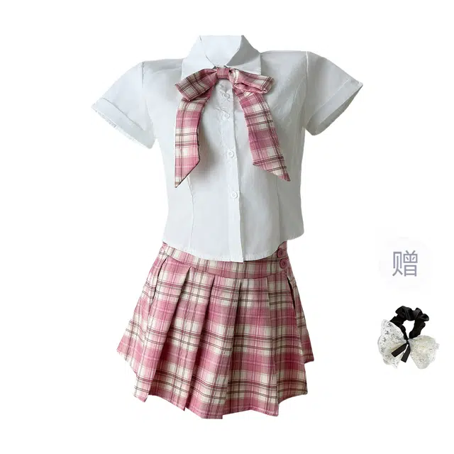 涂诗菲 学院风辣妹收腰设计感短袖衬衫高腰显瘦百褶短裙裙装套装 女款