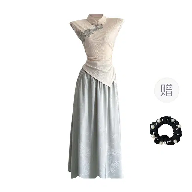 雾闪闪 新中式纯色立领修身短袖长款裙子裙装套装 女款 图片色