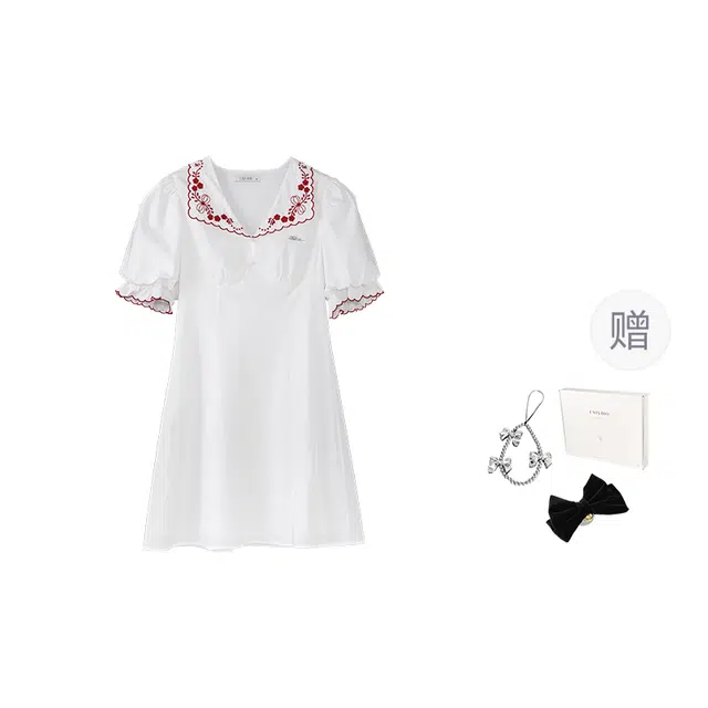 法儿家 蝴蝶情书复古泡泡袖撞色收腰裙装套装 女款